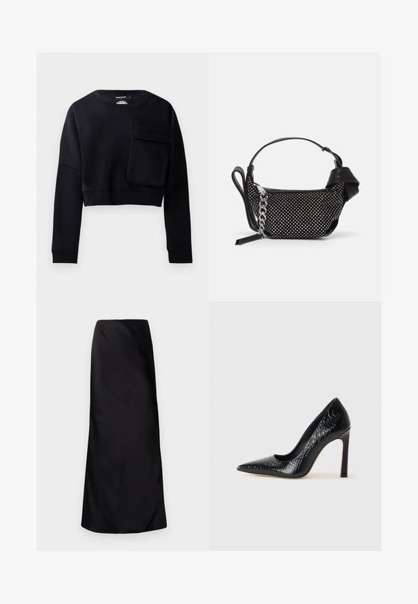 Černá zkrácená mikina s dlouhými rukávy, texturovaná látka a velká dekorativní kapsa na přední straně. Má kulatý výstřih a žebrované manžety.; Norma Kamali BIAS OBIE SKIRT - Maxi sukně - black; Černý lodičkový bot s špičatou špičkou, pokrytý texturou krokodýlí kůže, s elegantním designem, vysokým stiletto podpatkem a hladkým černým interiérem.; Černá kabelka s cvočky, řetízkem a hladkým koženým držadlem, kulatého tvaru a se zipovou kapsou.