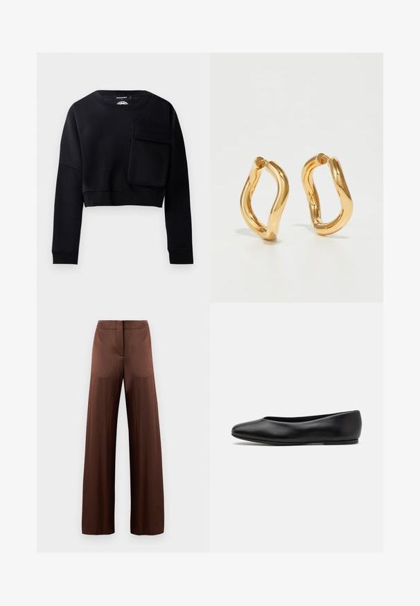 Zwart kort sweatshirt met lange mouwen, textuurstof en een grote decoratieve zak aan de voorkant. Heeft een ronde hals en geribde manchetten.; Bruine wijde broek gemaakt van een gladde, lichte stof, met een rechte voorkant, zonder zakken en een rechte silhoutte.; Paul Smith TOPANGA - Ballerina's - black; Gouden ovale oorbellen met een gebogen, onregelmatige vorm en een gladde, gepolijste textuur. Geen zichtbare hardware of accenten.
