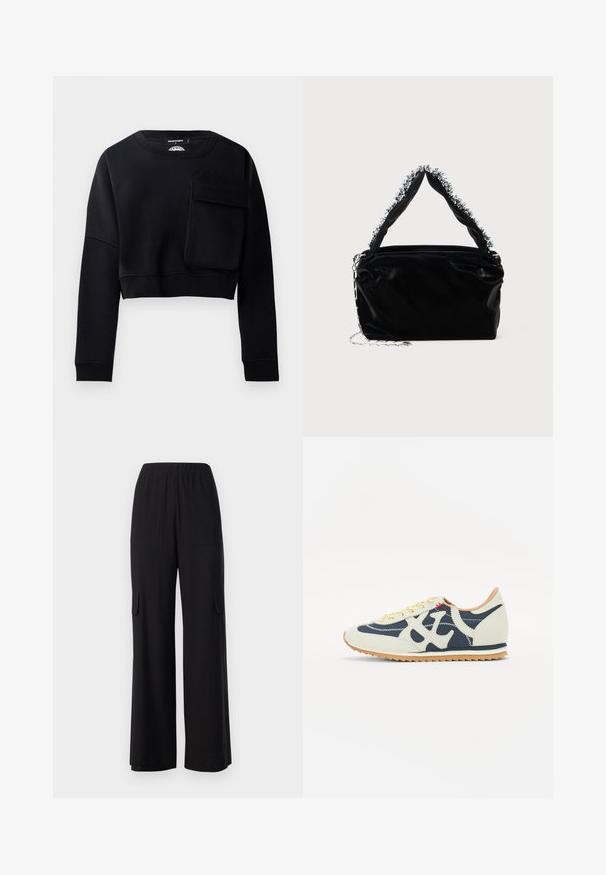 Sudadera negra recortada con mangas largas, tejido texturizado y un gran bolsillo decorativo en la parte frontal. Presenta un cuello redondo y puños de canalé.; Pantalones anchos negros de tejido ligero, con una cinturilla elástica, dos bolsillos frontales y dos bolsillos laterales estilo cargo.; Zapatilla que presenta una mezcla de materiales en crema, azul marino y ante, diseño de cordones, costura diagonal y una suela de goma con tracción.; Bolso de mano negro de imitación cuero con un acabado texturizado, que presenta un acento plateado de cuentas a lo largo del asa superior y una correa de cadena.