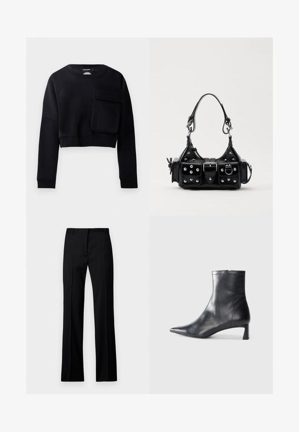 Must mustriba mustsärk pikendatud varrukatega, tekstuuriga kangas ja suur dekoratiivtasku ees. Omab ümarat kaela ja soonikuid varrukatel.; Mustad sirgedestikuga püksid sileda materjaliga, millel on lame eesmine osa, vöörihmade aasad ning nähtamatud taskud või dekoratiivsed elemendid.; Mustad mustall nahkasaabas terava nina ja stiilse disainiga. Omab madalat konts ja luku sulgemist taga. Sile tekstuur.; Must värvi nahast käekott, millel on kaarjas disain, hõbedased nupukesed, kinnitusahe ja kaks külgtaskut. Reguleeritav rihm erinevate kandmisvõimaluste jaoks.