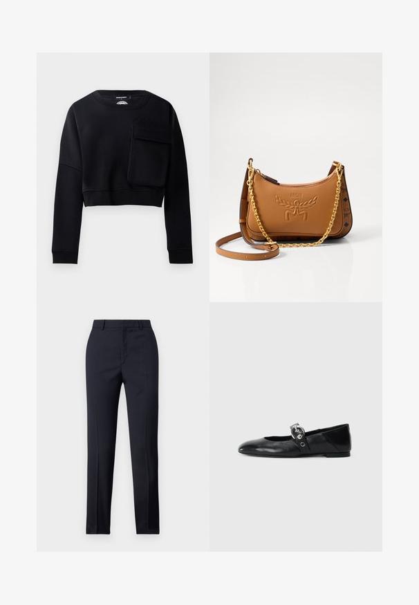 Must mustriba mustsärk pikendatud varrukatega, tekstuuriga kangas ja suur dekoratiivtasku ees. Omab ümarat kaela ja soonikuid varrukatel.; Tumed kohandatud püksid sirge lõikega, millel on sile tekstuur, kaks esist taskut ja puhas vöökoht.; Mustadest nahast balleti kingad terava varbaga, millel on rihm ümmarguse metallist pandlaga ja lame tald.; PRUUNI nahast õlgkott, millel on templiga logo, kuldne kett ja nahast rihmad, kaarduv kuju ning dekoratiivsed aksessuaarid külgedel.