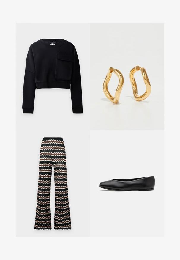 Črna skrajšana trenerka z dolgimi rokavi, strukturirana tkanina in velika dekorativna žepa na sprednji strani. Ima okroglo ovratnico in rebraste manšete.; Pletene hlače s potiskom valov v črni, beli in rjavi barvi. Imajo teksturiran zaključek in elastičen pas.; Paul Smith TOPANGA - Balerinke - black; Zlate uhane iz krogov s krivuljasto, nepravilno obliko in gladko, polirano površino. Brez vidnih dodatkov ali okrasitev.