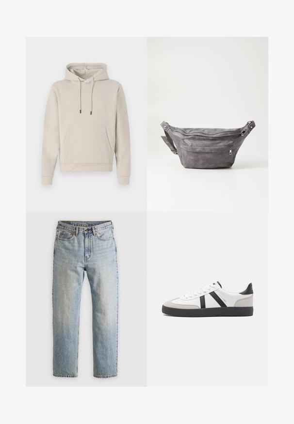 Hooded sweatshirt in light beige, featuring a front pocket, drawstrings, and ribbed cuffs. Made from soft, smooth fabric with a relaxed fit.; Light blue denim jeans with high waist, front button, zipper, and five-pocket design, laid flat on a neutral background.; White sneaker with black and gray accents, featuring a textured gray toe cap, black rubber sole, and flat white laces. Clean design, minimalist style.; Gray suede fanny pack with a rounded shape, two zippered compartments, and adjustable strap. Features metal hardware accents.