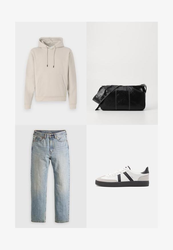Felpa con cappuccio in beige chiaro, dotata di tasca frontale, cordini e polsini a costine. Realizzata in tessuto morbido e liscio con una vestibilità comoda.; Jeans in denim azzurro chiaro con vita alta, bottone anteriore, cerniera e design a cinque tasche, adagiati su uno sfondo neutro.; Sneaker bianco con accenti neri e grigi, dotata di una punta grigia testurizzata, suola in gomma nera e lacci bianchi piatti. Design pulito, stile minimalista.; Borsa a spalla in pelle nera con chiusura a zip, caratterizzata da un corpo testurizzato, cuciture bianche e una tracolla con occhielli in argento.