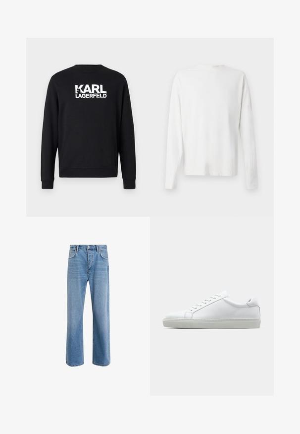 Felpa nera con maniche lunghe, collo a giro e polsini a costine. Presenta il logo bianco "KARL LAGERFELD" stampato sulla schiena. Texture liscia.; Camicia bianca in cotone a maniche lunghe con scollatura rotonda, spacchi laterali in fondo e una texture liscia, mostrata da dietro.; Jeans in denim blu chiaro con design a gamba dritta, cinque tasche, chiusura con bottone, leggero sbiadimento e dettagli di cucitura a contrasto.; Sneaker bianco con tomaia in pelle liscia e profilo basso. Presenta una punta arrotondata, sei occhielli e una suola in gomma testurizzata.