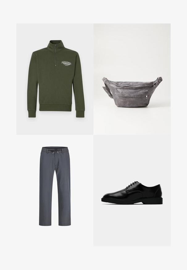 Mørkegrønn genser med glidelås og høy krage, med hvit tekstlogo på venstre bryst og ribbestrikkede mansjetter og kant.; Grå bukser med elastisk midjebånd og snor. Rett ben-design, laget av glatt stoff, med minimalt søm og uten synlig utstyr.; Sorte lærdressko med en glatt overflate, rund tå, snøring og en diskret gummisåle for godt feste.; Grå semsket fanny pack med avrundet form, to glidelåslommer og justerbar stropp. Har metallbeslag som detaljer.