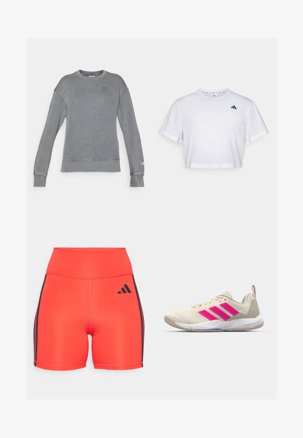 Pelēks ribots džemperis ar garām piedurknēm, apaļu kakla izgriezumu un logotipu uz krūtīm. Ietver aproces un apakšu ar gludu apdari.; Balts īsa krekls, kas izgatavots no mīksta auduma, ar īsām piedurknēm un apaļu kakla izgriezumu. Melna logo kreisajā krūtī.; Spilgtas sarkanas sporta šortus ar augstu jostasvietu, kas aprīkoti ar melnām sānu svītrām un Adidas logo. Izgatavoti no elastīga auduma, nodrošinot komfortu.; Beige sporta apavi ar rozā trīs svītru logotipu, strukturētu acu augšdaļu, mīkstu apkaklīti un balto gumijas zoli, ar "LIGHTSTRIKE" zīmolu.