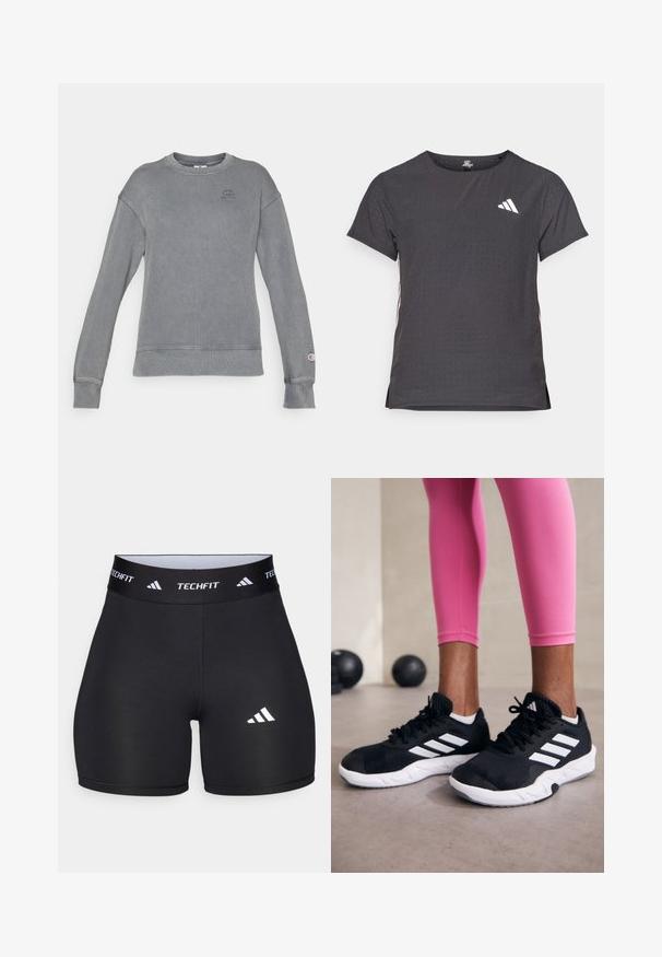 Sivý rebrovaný sweatshir s dlhými rukávmi, okrúhlym výstrihom a logom na hrudi. Má manžety a lem s hladkým dokončením.; Tričko s krátkym rukávom pre šport, tmavosivé s perforovanou textúrou. Obsahuje biele logo a kontrastné bočné pruhy. Okrúhly výstrih.; Čierne nohavice z elastického materiálu s priliehavým strihom. Majú široký čierny pás s nápisom "TECHFIT" a bielym logom na nohe.; Čierne atletické topánky s bielymi pruhmi, textúrovaný sieťovaný zvršok a biela podrážka. Nosené s ružovými legínami, ukazujúce tréningové oblečenie.
