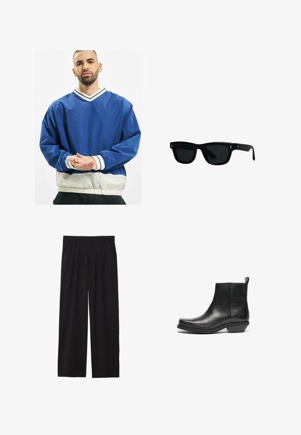 Blue pullover jacket with a V-neck, featuring white striped collar and cuffs, elastic waistband, and contrasting white lower section.; Black cotton t-shirt with short sleeves, round neck, and a relaxed fit. Smooth texture and minimalistic design, no patterns or accents.; Black wide-leg trousers with a pleated front, side pockets, and a smooth fabric texture. Designed for a relaxed fit.; Black leather ankle boots with a tapered toe and low block heel. Sleek design with a smooth texture and pull tab for easy wear.; Black sunglasses with square frames, dark lenses, and smooth plastic material. Features small, round accents on the front and slender arms.