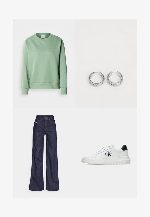 Mintgrüner Sweatshirt mit Rundhalsausschnitt, langen Ärmeln, gerippten Bündchen und Saum. Mit einem kleinen gestickten Logo auf der Brust.; Dunkelblaue weite Jeans aus Denimstoff mit hoher Taille, ausgestattet mit orangefarbenen Nähten, fünf Taschen und einem Knopfverschluss.; Weiße Low-Top-Sneaker mit schwarzem Fersenpatch, Plateau-Sohle, Schnürsenkeln und Calvin Klein "CK"-Logo an der Seite.; Silberne Creolen mit texturiertem Design und vertikalen Rillen. Kreisförmige Form mit sicherem Verschluss. Glatte Oberfläche.