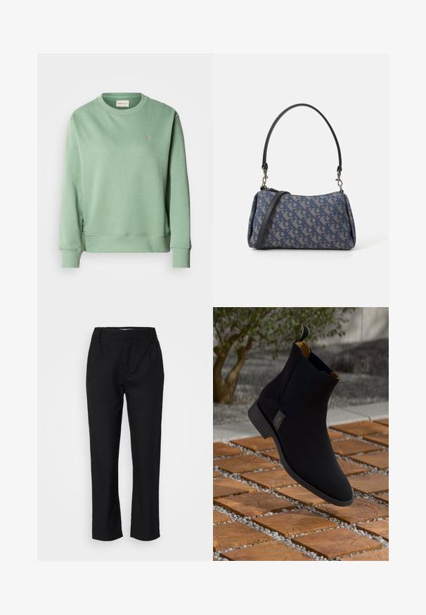 Hanorac verde mentă cu guler rotund, mâneci lungi, mansete și tiv din tricot. Prezentă un mic logo brodat pe piept.; Pantaloni negri dintr-un material fin, cu croi drept, plisuri frontale și un tiv elastic pentru confort. Fără accesorii vizibile.; Botină din piele neagră până la gleznă, cu o finisare netedă, căptușită cu galben și un tab de prindere; așezată pe o suprafață texturată din lemn și pietriș.; Geantă de mână cu un model albastru, confecționată din țesătură, având o formă curbată, curea din piele neagră și un design al logo-ului într-o nuanță mai deschisă.