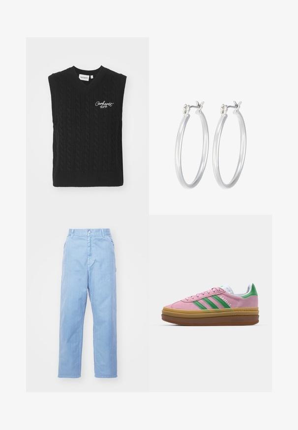 Carhartt WIP SIGNATURE - Svetrík - black/wax; Svetlomodré džíny s rovnými nohavicami, zapínaním na gombík a prednými vreckami. Tkanina má jemnú štruktúru s hladkým povrchom.; Ružové semišové tenisky so zelenými pruhmi, bielymi akcentmi a hnedou gumovou podrážkou. Obsahujú textúrovanú tkaninu a logo na boku.; Strieborné kruhové náušnice s hladkým, lesklým povrchom. Kolový tvar a bezpečné klikanie na uzatváranie. Ľahký dizajn vhodný na každodenné nosenie.