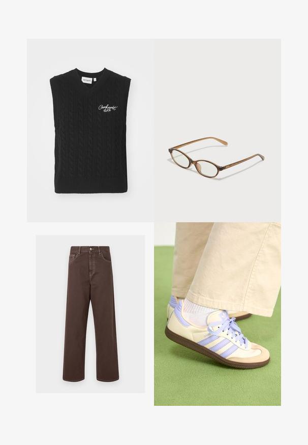 Carhartt WIP SIGNATURE - Strikkegenser - black/wax; Brune vide ben bukser i denim med kontrasterende syninger, fem lommer og metalknaplukning. Glat tekstur, lige snit.; Kremfargede og lavendelfargede joggesko med tre striper og en teksturert brun såle, med lisser og en polstret hæl. Mykt stofføvre.; Brune skjellbriller med ovale linser, tynne stenger og gjennomsiktige detaljer. Har en subtil logo på stangen. Elegant, lett design.