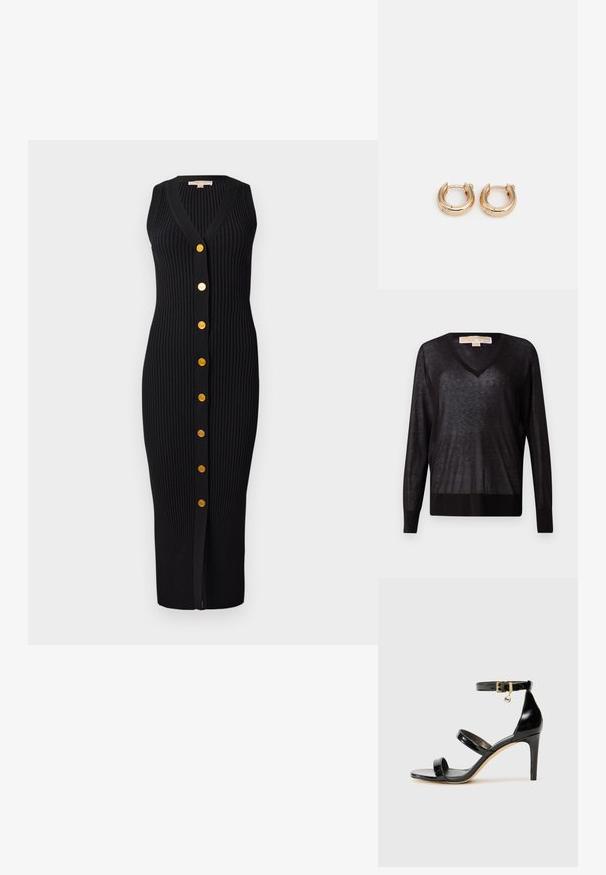 Maglione nero leggero a V con maniche lunghe e orlo a coste. Il tessuto appare leggermente trasparente con una texture morbida e una vestibilità rilassata.; Abito nero in maglia a coste con scollatura a V, senza maniche e bottoni dorati sul davanti, caratterizzato da una silhouette aderente.; Sandalo in pelle verniciata nera con tre cinturini, fibbia alla caviglia e tacco a stiletto di 10 cm. Presenta dettagli in hardware dorato e un charm con logo.; Clutch in pelle nera con un'accademia in oro, texture liscia e dettagli del logo in oro. Include una tracolla regolabile per versatilità.; Orecchini a cerchio in oro con una finitura lucida, caratterizzati da un design circolare spesso e un meccanismo di chiusura sicuro. Texture liscia e aspetto brillante.