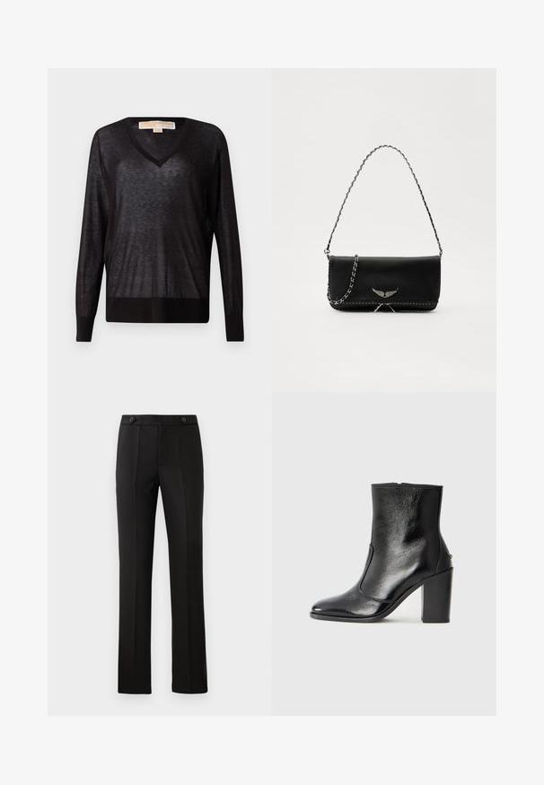 Juodas, lengvas V-kaklo megztinis su ilgomis rankovėmis ir raštuotu apatine dalimi. Audinys atrodo šiek tiek permatomas, turi minkštą tekstūrą ir laisvą siluetą.; Juodos pritaikytos kelnės su tiesiomis kojomis, dviem priekinėmis kišenėmis, mygtuko uždarymu ir raukšlėmis priekyje. Glotnaus audinio tekstūra.; Juodas odinis kulkšninis batas su lygiu paviršiumi, smailiu pirštu ir masyviu aukštu kulnu. Savybė - šoninis atidarymas ir minimalistiškas dizainas.; Juodas odinis delninukas su sidabro spalvos grandinele, papuoštas dekoratyviniais sparnų akcentais ir balta siūle apačioje.