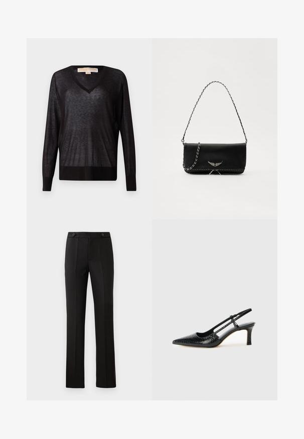 Schwarzer, leichter V-Ausschnitt-Pullover mit langen Ärmeln und geripptem Saum. Der Stoff scheint leicht durchsichtig zu sein, hat eine weiche Textur und einen lockeren Sitz.; Schwarze maßgeschneiderte Hose mit geradem Bein, zwei vorderen Taschen, einem Knopfverschluss und unteren Falten vorne. Glatte Stofftextur.; Schwarze Lack-Slingback-Pumps mit spitzem Zehenbereich, versehen mit strukturiertem Schlangenprint, verstellbarem Riemen und einem kurzen, strukturierten Blockabsatz.; Schwarze Lederhandtasche mit einem silbernen Kettenriemen, verziert mit dekorativen Flügelakzenten und weißen Nähten entlang der unteren Naht.