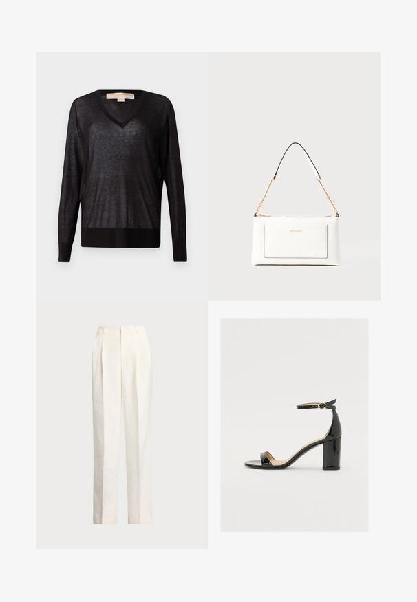 Melns, viegls, V veida adījums ar garām piedurknēm un ribveida apakšmalu. Audums izskatās nedaudz caurspīdīgs ar mīkstu tekstūru un brīvu piegriezumu.; Polo Ralph Lauren HEMP WIDE LEG PANT - Auduma bikses - nevis; Melnas patentā ādas sandales ar platām papēžiem, atvērtu purngalu un potītes siksniņu ar zelta sprādzi. Gluda tekstūra un elegants dizains.; Baltā ādas rokassomu ar teksturētu apdari, ar zelta ķēdes siksnu un melniem akcentiem. Iekļauj priekšējo kabatu un aizdari ar rāvējslēdzēju.