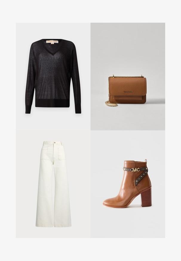 Svart, lett V-hals genser med lange ermer og ribbestrikket kant. Stoffet virker lett gjennomsiktig med en myk tekstur og en avslappet passform.; Vidde bukser i off-white denim. Høyt liv-design med knappelukking, to frontlommer og kontrastsøm detaljer.; Brune lær ankle boot med stablet blokhæl, sidestraps med guldnitter og en guld "MK" logo spænde.; Brun teksturert lær crossover-veske med gullkjede-stropp og klaffelukking. Fronten har logo-detalj og en lomme under klaffen.
