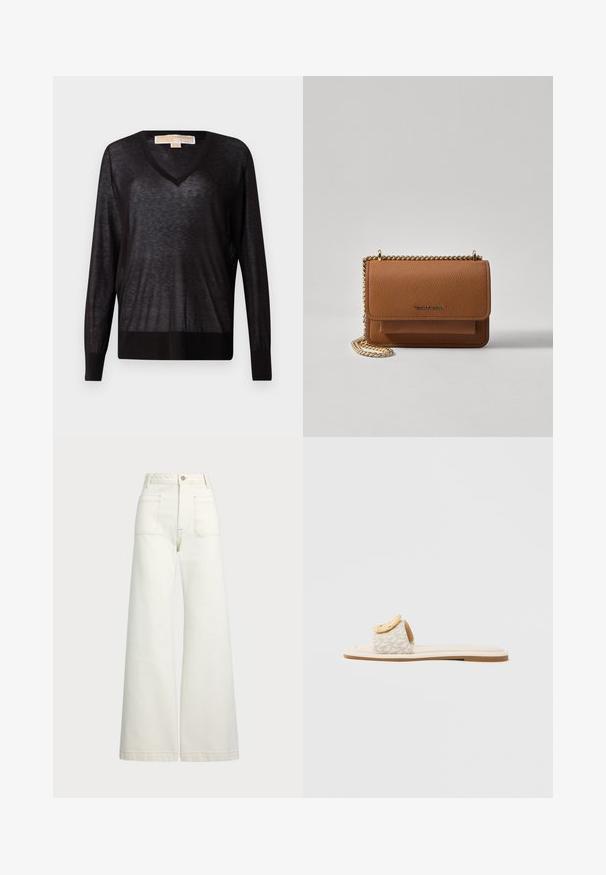 Svart, lett V-hals genser med lange ermer og ribbestrikket kant. Stoffet virker lett gjennomsiktig med en myk tekstur og en avslappet passform.; Vidde bukser i off-white denim. Høyt liv-design med knappelukking, to frontlommer og kontrastsøm detaljer.; Slip-onsandal med en beige rem med geometrisk mønster, en rundet gul detalj på overdelen og en flat, lys såle.; Brun teksturert lær crossover-veske med gullkjede-stropp og klaffelukking. Fronten har logo-detalj og en lomme under klaffen.