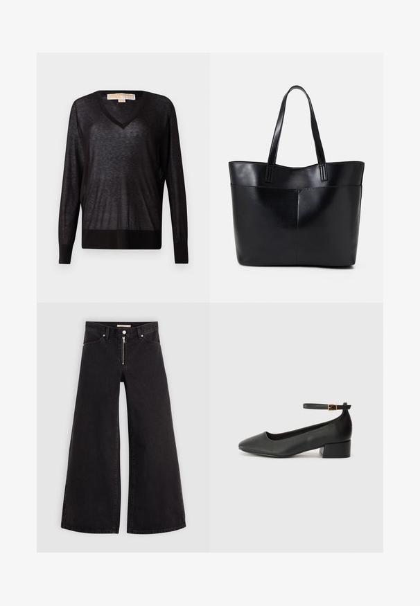 Zwarte, lichtgewicht V-hals trui met lange mouwen en geribbelde zoom. Stof lijkt licht transparant met een zachte textuur en een relaxte pasvorm.; Wijdvallende jeans van zwarte denim met een ritssluiting aan de voorkant, vijf zakken en subtiele stikdetails. Soepele textuur en casual stijl.; Zwarte leren pump met een spitse neus en een lage blokhak. Beschikt over een enkelband met een goudkleurige gespsluiting. Gladde textuur.; Zwarte leren tote bag met twee lange handvatten, een zachte textuur en een gestructureerde vorm. Voorzien van een voorvak voor extra opslagruimte.