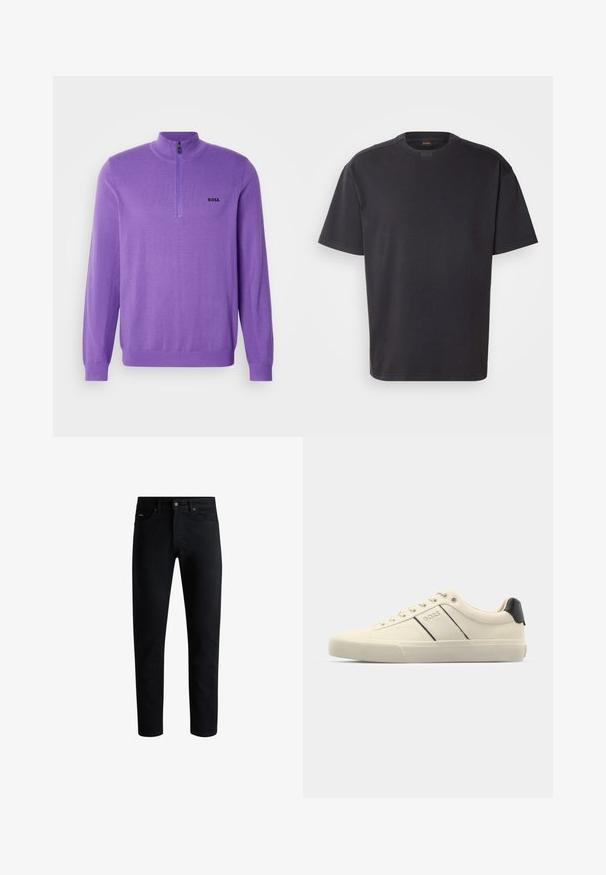 Sweater roxo com fecho de correr no pescoço, feito de um tecido suave. Apresenta mangas compridas, detalhes canelados e um logótipo preto "BOSS" no peito.; T-shirt preto de mangas curtas feito de algodão, com decote redondo e uma marcação discreta na gola. Textura suave com um corte descontraído.; Jeans pretos slim-fit com cinco bolsos, fecho de botão e passantes para cinto, exibidos contra um fundo branco.; Sapatilhas de cor creme com uma textura suave, apresentando detalhes e marcação em preto. Design clássico com atacadores e bico redondo, e sola de borracha.