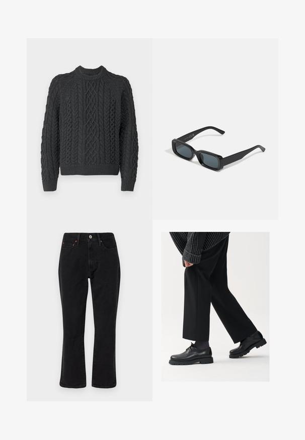 Tmavě šedý pletený svetr se vzorem copánkového pletení, kulatým výstřihem a žebrovanými manžetami a lemem. Texturovaná tkanina přidává vizuální zajímavost.; Černé džíny z denimu s rovnými nohavicemi, pěti kapsami a kovovými doplňky s měděnými akcenty. Hladká textura a střední pas.; Černé kožené boty s kulatou špičkou, šněrovací design a silnou strukturovanou podrážkou. Noseny s dobře padnoucími černými kalhotami a žebrovaným svetr.; Černé obdélníkové sluneční brýle s tmavými skly. Lesklý rám, rovné nožičky s mírným zakřivením. Minimalistický design, bez ozdob.