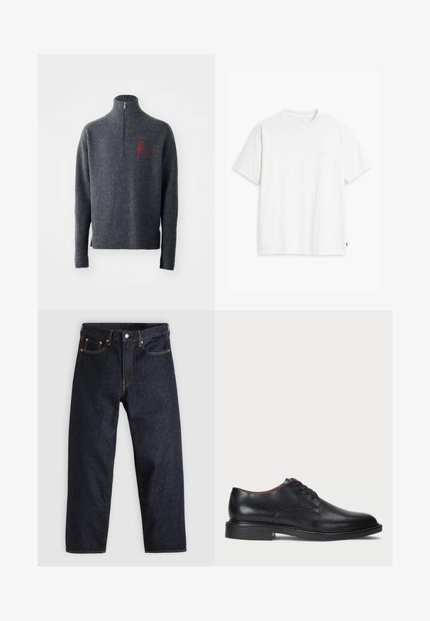 Szürke gyapjú pulóver magas gallérral és fél cipzárral. Piros hímzett részletekkel rendelkezik a mellrészen, valamint bordás mandzsettákkal és aljjal.; Fehér pamut póló rövid ujjakkal, kerek nyakkal és diszkrét Levi's logóval a középen. Puha tapintású és szabványos szabású.; Sötétkék farmernadrág egyenes szabással, öt zsebbel, kontrasztos narancssárga varrással és gombos záródással. Nem látható rajta mintázat vagy díszítés.; Fekete bőrből készült dresszcipő kerek orral, fűzős kialakítással és alacsony, rétegelt sarkával. Simás felület minimális varrási részletekkel.