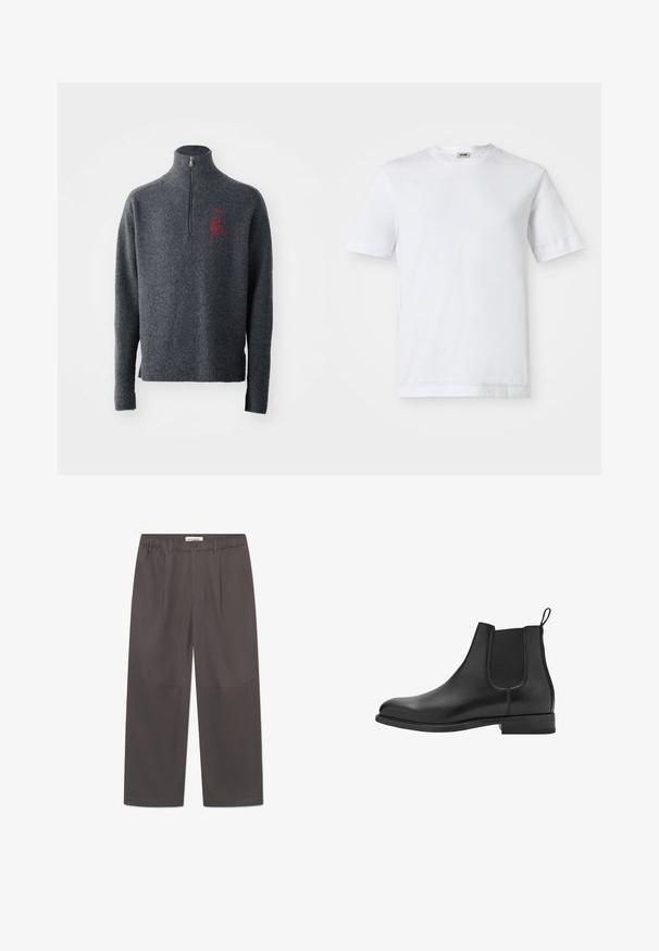 Grå ulltröja med hög krage och halvmatch. Har röd broderad detalj på bröstet samt ribbade muddar och fåll.; Vit bomull T-shirt med kort ärm, rundad halslinning och en slät yta. Inga mönster eller detaljer syns.; Grå, vida byxor i slätt tyg med knäppning och två sidfickor. Enkel, ren design utan synliga mönster.; Svarta läderchelseaboots med elastiska sidopaneler, rund tå och låg blockklack. Slät textur och ren, minimalistisk design.