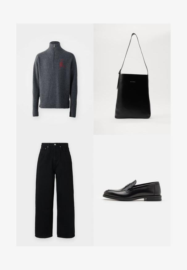 Harmaa villapaita, jossa on korkea kaulus ja puolivetoketju. Rintakohdassa on punainen brodeeraus, ja hihansuissa ja helmassa on ribbireunat.; Mustat leveät housut puuvillasta, joissa on korkea vyötärö, etutaskut, hopeanvärinen nappi ja siisti helman viimeistely.; Mustat nahkakengät, joissa on sileä pinta, pyöreä kärki ja koristeellinen nauha jalkapöydän yli. Matala pinoitu koroke, minimalistinen muotoilu.; Musta nahkainen olkalaukku, jossa on sileä pinta, suorakulmainen muoto ja pitkä hihna; keskellä on pieni valkoinen logo.