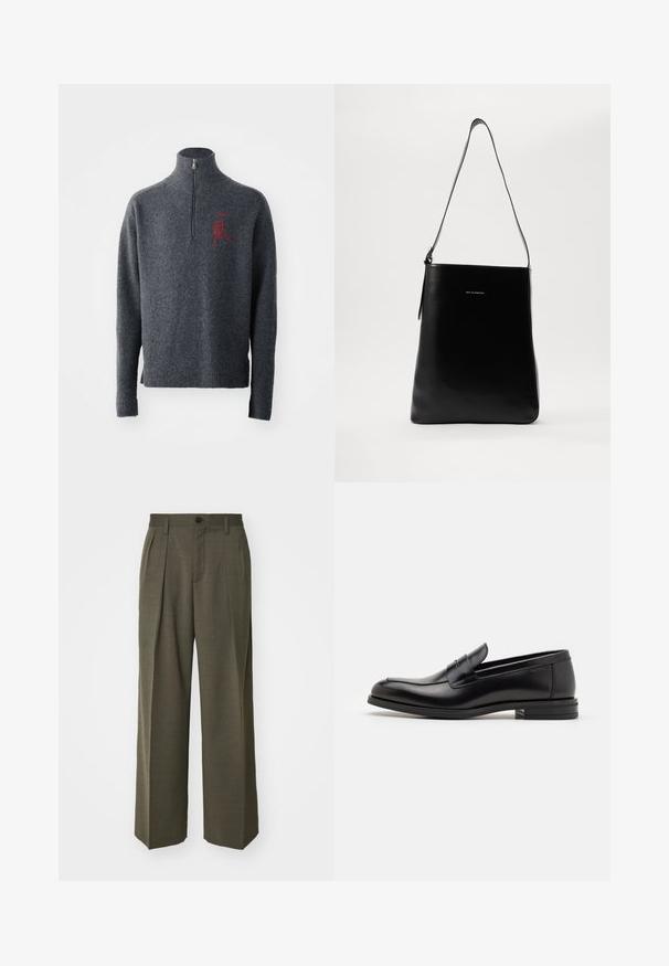 Szürke gyapjú pulóver magas gallérral és fél cipzárral. Piros hímzett részletekkel rendelkezik a mellrészen, valamint bordás mandzsettákkal és aljjal.; Filippa K WIDE TROUSERS - Nadrágok - driftwood; Fekete bőr loaferek sima textúrával, kerek orral és dekoratív pánttal a vampnál. Alacsony, rétegelt sarkú, minimalista dizájn.; Fekete bőrtáska sima textúrával, téglalap alakú, hosszú pánttal; a közepén egy kis fehér logó található.