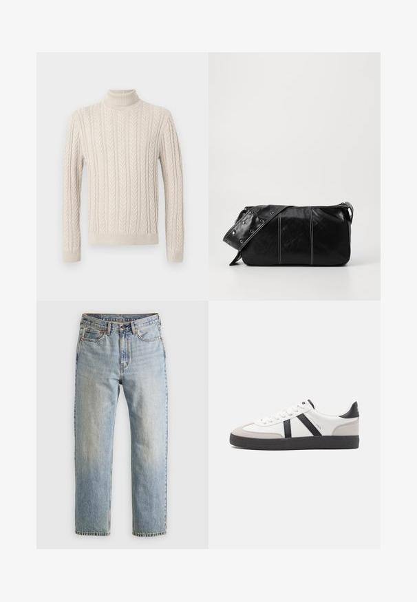 Bež, pleteni pulover z visokim, rebrastim ovratnikom. Ima teksturiran kabelski vzorec ter rebraste manšete in spodnji rob, kar daje prijeten videz.; Svetlo modri džins hlače z visokim pasom, sprednjim gumbom, zadrgo in petimi žepi, laid flat na nevtralni podlagi.; Bela športna obutev z črnimi in sivo akcenti, z teksturirano sivo kapico za prste, črnim gumijastim podplatom in ravnimi belimi vezalkami. Čista zasnova, minimalistični slog.; Črna usnjena torba za ramo z zadrgo, ki ima teksturirano telo, belo šivanje in trak s srebrnimi luknjami.