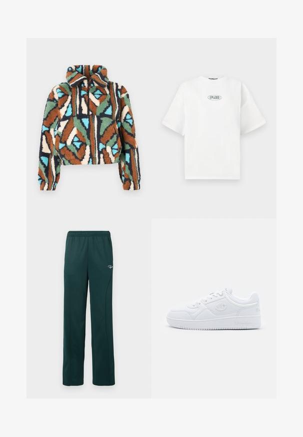 Pluizige jas met ritssluiting, voorzien van een geometrisch patroon in tinten bruin, groen, blauw en crème. Ontwerp met kraag en elastische manchetten.; Witte T-shirt met korte mouwen van katoen, met een grafisch logo in het groen binnen een ovale vorm in het midden van de borst.; Donkergroene sweatpants van zacht materiaal, met een elastische tailleband en zijnaadseams, en een klein logo op de voorkant.; Witte sneaker van glad synthetisch materiaal, met ronde neus, platte zool en subtiele logo-accenten aan de zijkanten. Klassiek laag ontwerp.
