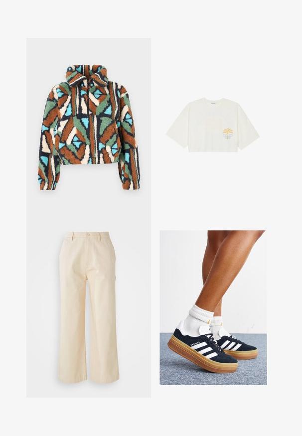 Bolyhos cipzáras dzseki geometriai mintával, barna, zöld, kék és krémszín árnyalataiban. Galléros kialakítás, rugalmas mandzsettákkal.; Rövidujjú, pamutból készült fehér cropped póló, bal mellen sárga pálmafa és kék hullám grafikai mintával.; Világos bézs, pamut, széles lábú nadrág, sima textúrával, elülső gombos záródással és oldalsó zsebekkel.; Fekete velúr sportcipő fehér csíkokkal és díszítésekkel, lekerekített orral, gumitalpú külső résszel, fehér bordázott bokazoknival párosítva.