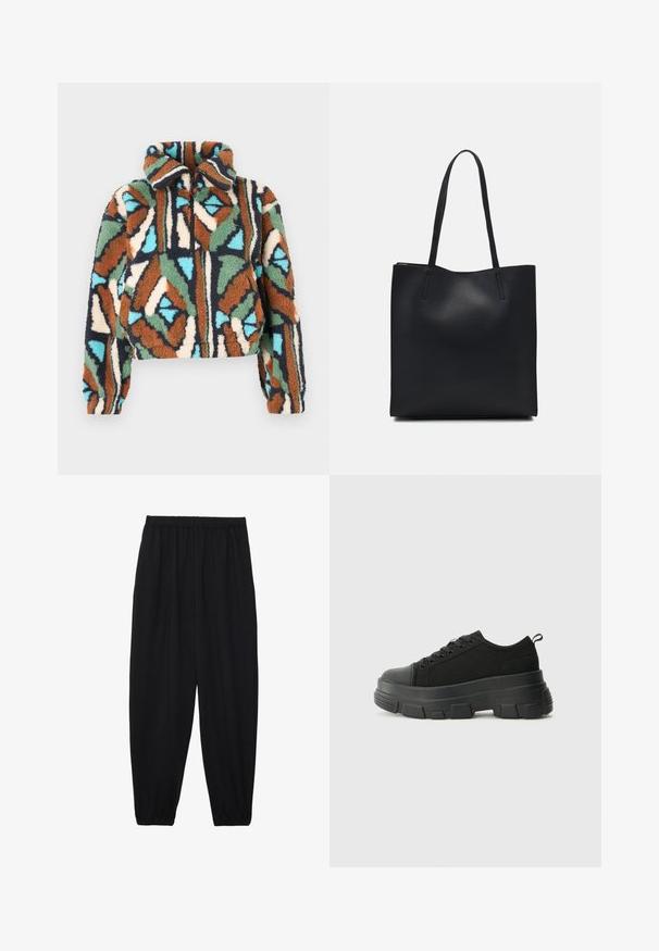 Weiche Reißverschlussjacke mit einem geometrischen Muster in Brauntönen, Grün, Blau und Creme. Mit Kragen und elastischen Bündchen.; Schwarze, leichte Hosen mit einem elastischen Bund und gerafften Knöcheln. Der Stoff ist glatt und hat ein entspanntes, schmal zulaufendes Design.; Schwarze Sneakers mit einer dicken Gummisohle, strukturiertem Obermaterial, runder Zehenpartie und Schnürdesign. Verfügt über verstärkte Ösen und eine Schlaufe an der Rückseite.; Schwarze Laptoptasche aus Leder mit glatter Textur, rechteckiger Form und zwei langen Griffen. Keine sichtbaren Beschläge oder Verzierungen.