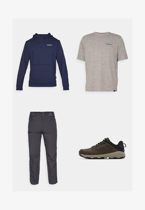 Mornarice plava dukserica napravljena od mekanog materijala, sa prednjim džepom, rebrastim manžetama i kapuljačom s uže. Mali bijeli logo na prsima.; Siva majica kratkih rukava izrađena od mekane, teksturirane tkanine s malim plavim Patagonia logotipom na lijevoj strani prsiju. Bez dodatnih uzoraka.; Tamno sivi hlače od izdržljive tkanine, s patentnim zatvaračem na džepu, ravnog kroja i s petljama za remen za podešavanje veličine.; Smeđe vodootporne tenisice s teksturiranom gornjom i perforiranim detaljima, crnom potporom za petu i sivim gumiranim potplatom. Čipke su stilizirane s metalnim krajevima.