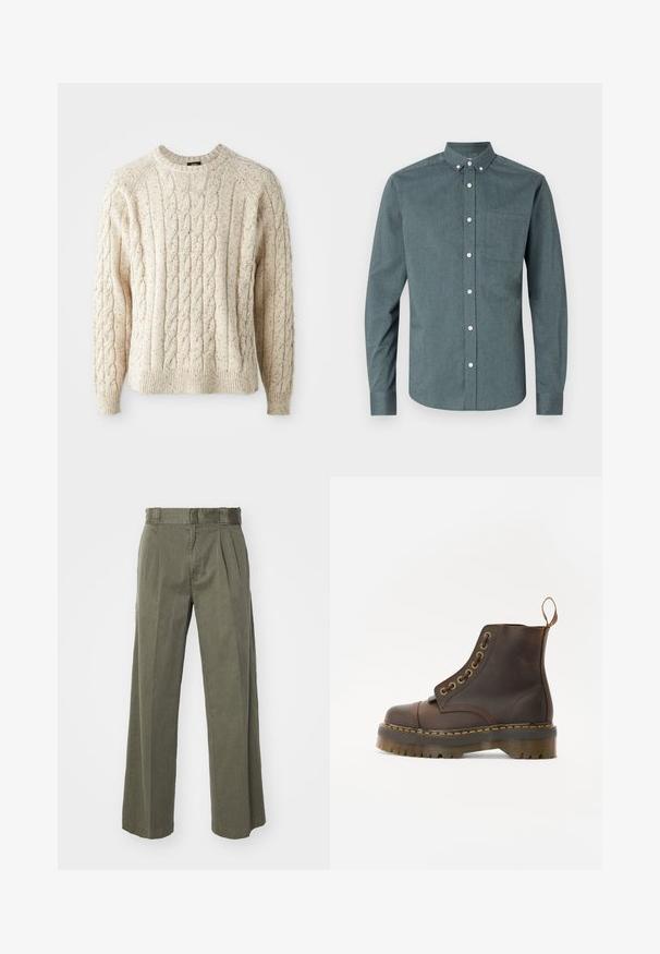 Krēma krāsas adīts džemperis ar apaļu kakla izgriezumu, ar faktūras rakstu un ribotām piedurknēm un apakšmalu. Izgatavots no mīksta, bieza dzijas.; Kreklu ar pogām tumši zilo krāsā, garām piedurknēm, pogām piesprādzētu apkakli, vienu krūšu kabatu, ar baltām pogām un teksturētu audumu.; Olīvu zaļi bikses ar brīvu, plašu kāju dizainu un priekšējiem krokiem. Izgatavotas no teksturēta auduma ar standarta jostasvietu un bez redzamām metāla daļām.; Brūni ādas potītes zābaki ar noapaļotu purngalu, kontrastējošām dzeltenām šuvēm, dekoratīvām metāla acīm un rievotu gumijas zoli.