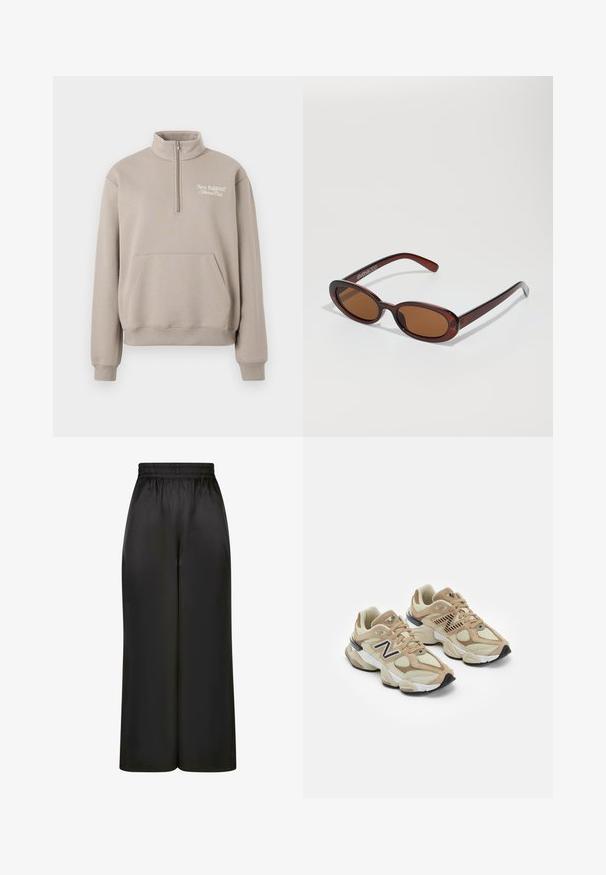 Beige Sweatshirt mit halbseitigem Reißverschluss-Kragen, vorderer Taschenöffnung, gerippten Manschetten und Saum, mit einem weißen Logo auf der linken Brust.; Schwarze, weit geschnittene Hosen aus glattem, glänzendem Stoff mit elastischem Bund und ohne sichtbare Taschen oder Metallteile.; Beige Sneaker aus Mesh- und Wildledermaterialien. Mit einem schwarzen Logo und strukturierten Akzenten. Dicke weiße Zwischensohle und schwarze Gummisohle.; Runde, braun getönte Sonnenbrillen mit einem glänzenden burgunderfarbenen Rahmen. Schlanke Bügel mit dezentem Branding. Flaches Linsendesign.