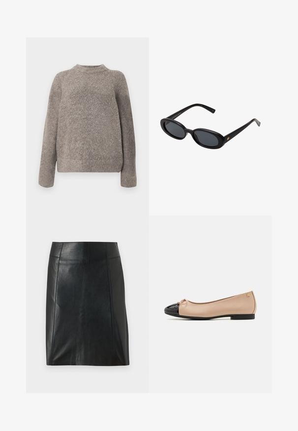 Grå, tekstureret sweater med rund halsudskæring og lange ærmer, der har en løs pasform og blødt strikket materiale. Ingen synlige mønstre eller detaljer.; Sort lædernederdel med en tætsiddende pasform. Glat tekstur, sømme der fremhæver formen, og en lige kant. Minimalistisk og strømlinet udseende.; Balletsko med en beige satin overdel, sort laklæder tåhætte, lille sløjfedetalje foran og en lav sort hæl.; Store store