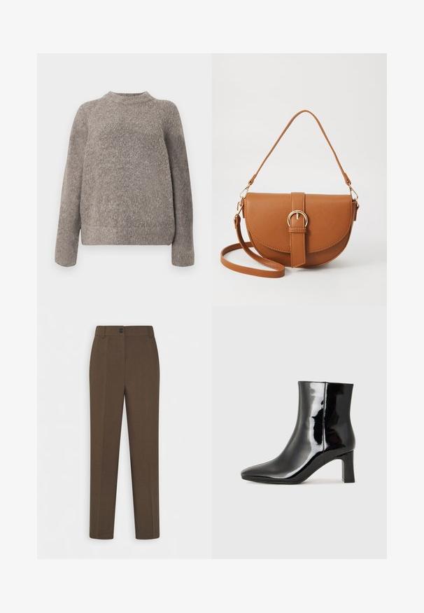Grey, textured sweater with a round neckline and long sleeves, featuring a loose fit and soft knit material. No visible patterns or accents.; Straight-leg brown trousers with belt loops and a single front button closure, displayed on a white background.; Black patent leather ankle boot with a pointed toe and a mid-height block heel. Smooth texture and minimalist design.; Brown leather crossbody bag with a curved shape, gold hardware, and a buckle accent. Features a detachable shoulder strap.