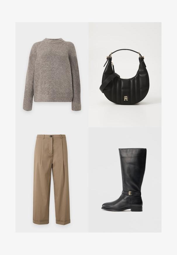 Grå, texturerad tröja med rund halsringning och långa ärmar, med en lös passform och mjukt stickat material. Inga synliga mönster eller detaljer.; Bruna vida byxor med flat framsida och veck, knäppning med knapp och uppvikt mudd, tillverkade av slät tyg.; Svart läder knähög stövel med en slät textur, liten guldbuckle-detalj, rund tå och en låg staplad klack. Enkel, stilren design.; Svart läderhandväska med en böjd form, vadderad textur och guldfärgade detaljer. Har en avtagbar axelrem och logotypdetalj.