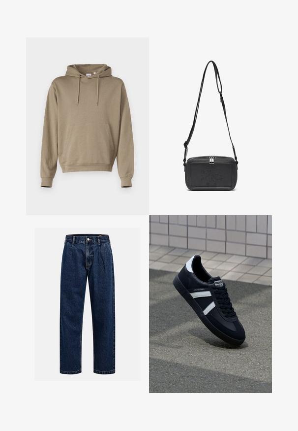 Mikina s kapucňou z svetlohnedého materiálu, s prednou kengurou kapsou, rebrovanými manžetami a voľným strihom.; Tmavo modré džínsy s rovnými nohavicami. Obsahujú viditeľné švy, zapínanie na gombík a predné skladanie pre zvýraznenie detailov.; Čierne kožené tenisky s bielymi pruhmi, textúrovanou gumovou podrážkou a šnurovaním vpredu. Obsahujú označenie značky na jazyku.; Čierna kožená crossbody taška so zipsom, s embosovaným logom na prednej strane a nastaviteľným popruhom. Hladká textura a obdlžníkový tvar.