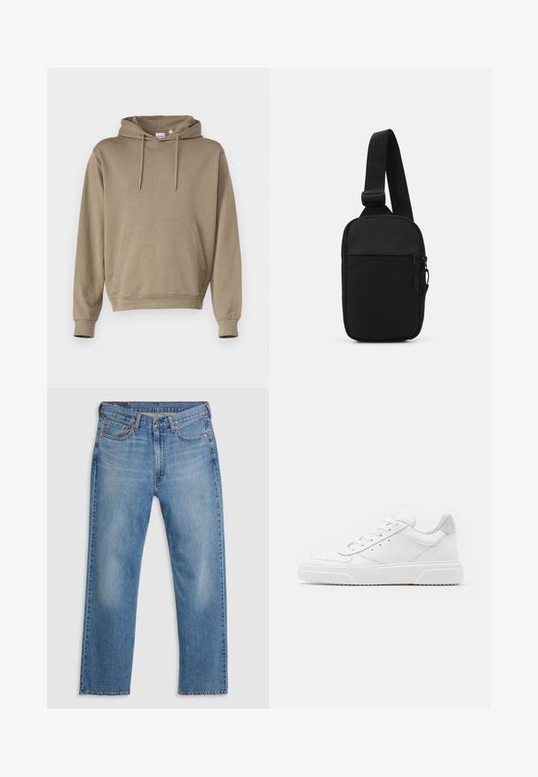 Švarkas su kapuche šviesiai rudos spalvos audinyje, su priekinėmis kengūromis kišenėmis, gumine apykakle ir laisvu siluetu.; Mėlyni tiesaus silueto džinsiniai kelnių su priekinėmis sagomis ir užtrauktuku, diržo kilpos ir penkių kišenių dizainas ant balto fono.; Balti odiniai sportbačiai su lygiu paviršiumi, apvaliu pirštu, plokščiomis raištelėmis ir struktūrizuota padu. Pilko zimšo akcentas ant kulno.; Juodas per petį nešiojamas krepšys, pagamintas iš patvarios medžiagos, su vienu reguliuojamu diržu, užtrauktuku užsidarančia pagrindine kišene ir priekyje esančia kišene.
