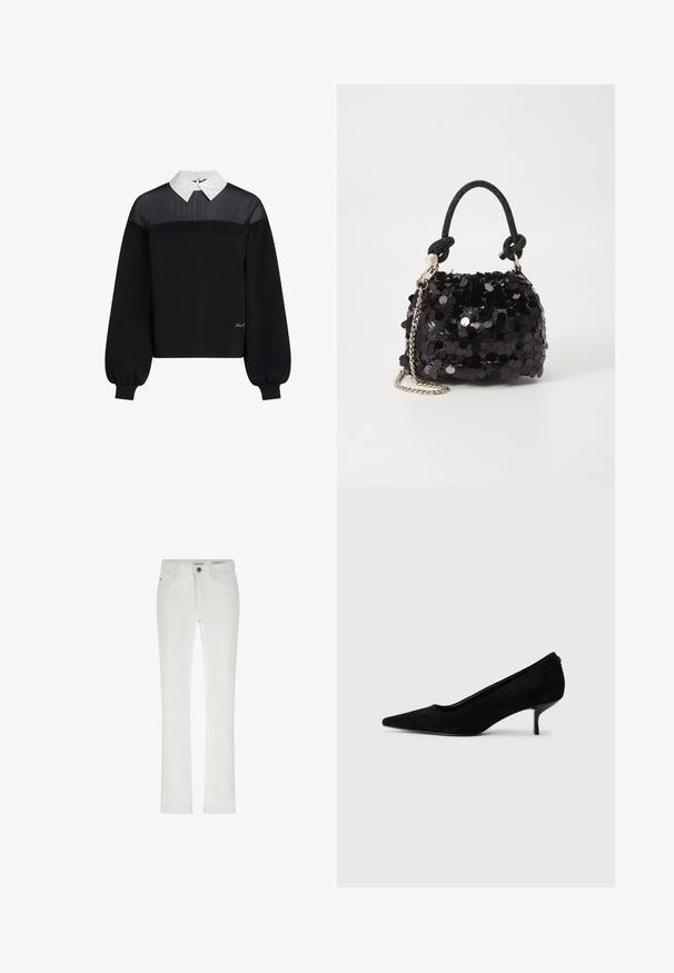 Crna dukserica s puloverom s dizajnom bijele košulje s ovratnikom. Ima teksturirani gornji panel i balon rukave, s detaljem logotipa.; Bijele traperice uskog kroja, s 5 džepova i kontrastnim šavovima. Imaju kopčanje na dugme i suptilnu oznaku brenda na remenu.; Crna nubuk visoka potpetica s šiljastim vrhom i tankom, niskom potpeticom. Glatka tekstura s elegantnim dizajnom, bez vidljivih dodataka.; Crna mini torbica sa šljokicama, s čvorastim teksturiranim remenom i srebrnim lancem. Zaobljenog oblika s naboranim vrhom i reflektivnim detaljima.
