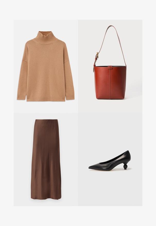 Bežový rebrovaný rolákový sveter, oversized dizajn, s padnutými ramenami a textúrovaným pletením. Má rovný lem a postranné rozparky.; Hnedá saténová midi sukňa s hladkou textúrou, s rovnými líniami a bez viditeľných vzorov alebo ozdôb. Jednoduchý a elegantný dizajn.; Čierna kožená vysoká topánka na podpätku s ostrým špičkou a okrúhlym, guľatým podpätkom. Hladký povrch s moderným, minimalistickým dizajnom.; Hnedá kožená vedierková kabelka s nastaviteľným ramenným popruhom a zlatým sponou, jednoduchý vertikálny šev na prednej strane.