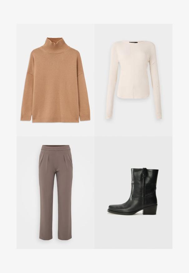 Maglione beige a collo alto a coste, dal design oversize, con spalle scese e lavorazione a maglia testurizzata. Presenta un orlo dritto e spacchi laterali.; Maglietta a maniche lunghe di colore beige chiaro con scollatura rotonda. Realizzata in tessuto morbido, presenta una cucitura centrale e un orlo leggermente curvato. Senza hardware visibile.; Pantaloni taupe a vestibilità ampia con elastico in vita e pieghe frontali, realizzati in tessuto morbido.; Stivale ankle in pelle nera con punta arrotondata, tacco a blocco, cerniera laterale e dettagli in cucitura sulla tomaia. Texture liscia, design classico.
