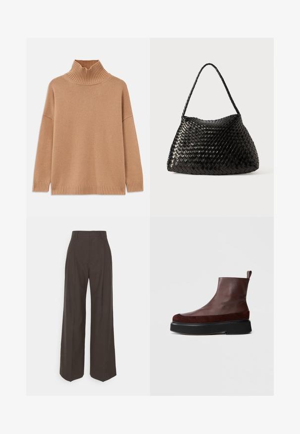 Beige ribbed turtleneck sweater, oversized design, with dropped shoulders and textured knit. Features a straight hem and side slits.; Dark brown wide-leg trousers with a high waist, featuring neatly pressed creases, smooth texture, and a tailored fit.; Brown leather ankle boots with a sturdy black platform sole, featuring a smooth texture and a small pull tab at the back for easy wear.; Black woven leather handbag with a curved, soft shape and a single braided strap, featuring a smooth texture and an intricate pattern.
