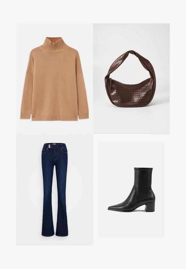 Beige ribbete turtleneck genser, oversized design, med senkede skuldre og strukturert strikk. Har rett kant og sideslitser.; Mørkeblå vide jeans med høy midje, to frontlommer og to knappestenger. Laget av denim med en jevn tekstur.; Sorte ankelstøvler laget av glatt lær, med spiss tå, blokkhelt og distinkte hevede sømmer på toppen.; Brunnet flettet lærveske med en buet, knyttet håndtak og glidelås. Glatt tekstur og rund form.