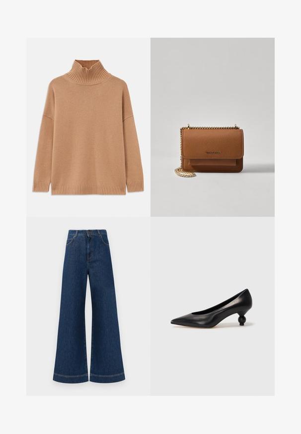 Beige ribbed turtleneck sweater, oversized design, with dropped shoulders and textured knit. Features a straight hem and side slits.; Wide-leg blue denim jeans with a high waist, featuring a button closure, belt loops, and subtle stitching details along the pockets and hems.; Black leather high heel shoe with a pointed toe and a round, balled heel. Smooth texture with a sleek, minimal design.; Brown textured leather crossbody bag with gold chain strap and flap closure. Front features logo detail and a pocket under the flap.