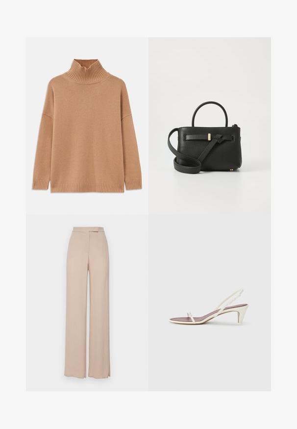 Bēšas ribotas turtlenekas džemperis, pārsteidzīgs dizains, ar nolaižamām plecu šuvēm un strukturētu adījumu. Iezīmes taisna apakšmala un sānu šķeltnes.; Bežīgas plaša piegriezuma bikses, kas izgatavotas no viegla auduma. Tām ir gluda tekstūra, priekšējās kabatas un nemanāms jostas dizains.; Baltas siksnas sandales ar nelielu papēdi, plānām siksniņām un gludu ādas tekstūru; ar nelielu dekoratīvu sprādzi.; Melnas ādas rokas soma ar teksturētu virsmu, augšējām rokturiem un garu regulējamu siksniņu. Priekšpusē ir zeltaini akcenti.