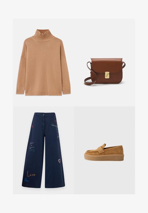 Beige ribbet rullekrave sweater, oversized design med nedfaldne skuldre og struktureret strik. Har en lige kant og sideslids.; Marineblå vidde bukser i bomuld med flere lommer. Har farverig broderet tekst og grafik inklusive hjerter og legende sætninger.; Brune ruskinds loafers med rund tå, der har en ribbet platformssål og et dekorativt bånd henover overdelen.; Brun læder håndtaske med flaplukning, hardware i gyldent tone, en skulderrem og en glat overflade. Kompakt rektangulær form.